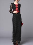 Shein Black Round Neck Long Sleeve Crochet Dress