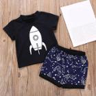 Shein Boys Rocket Print Tee With Galaxy Shorts