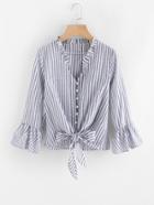 Shein Contrast Striped Knotted Hem Frill Blouse