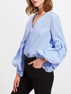Shein Pleated Exaggerate Lantern Sleeve Striped Blouse