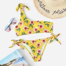 Shein One Shoulder Tie Side Random Pattern Bikini Set