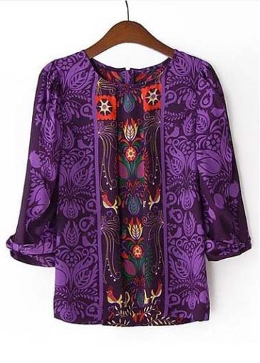 Rosewe Vintage Printed Lantern Sleeve Round Neck T Shirts