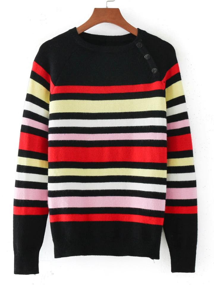 Shein Button Detail Raglan Sleeve Striped Knitwear