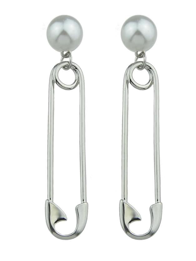 Shein Silver Color Imitation Pearl Metal Pin Shape Big Stud Earrings