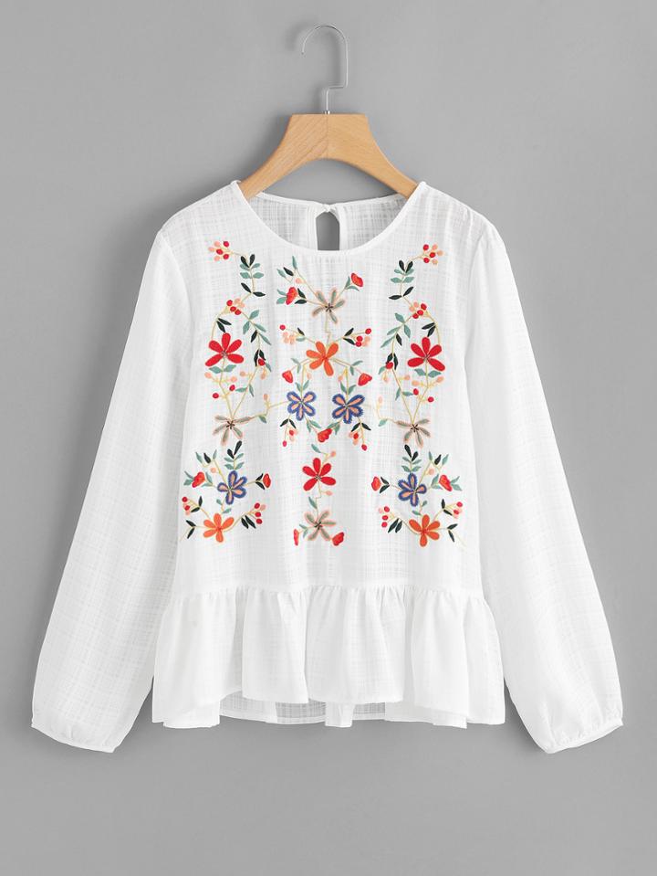 Shein Split Back Ruffle Hem Embroidered Top