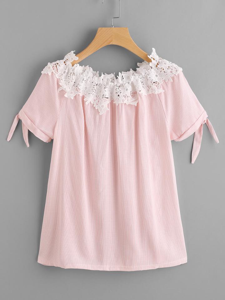 Shein Contrast Lace Trim Tie Cuff Pinstriped Blouse