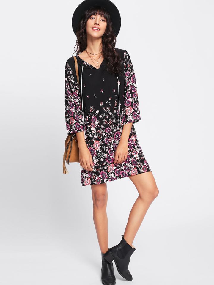 Shein Tassel Tie Neck Kimono Sleeve Botanical Dress