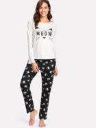 Shein Cat Print Tee & Pants Pj Set