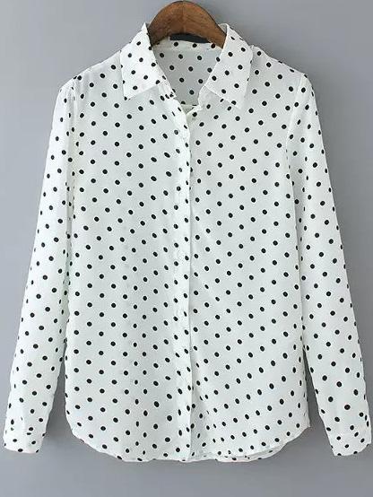 Shein Lapel Polka Dot White Blouse
