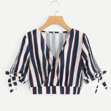 Shein V-neckline Knot Sleeve Striped Crop Top