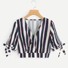 Shein V-neckline Knot Sleeve Striped Crop Top