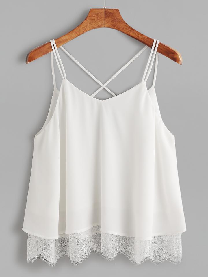 Shein White Lace Trim Crisscross Notch V Back Cami Top
