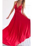 Rosewe Red Plunging Neck Bowknot Decorated Maxi Dress