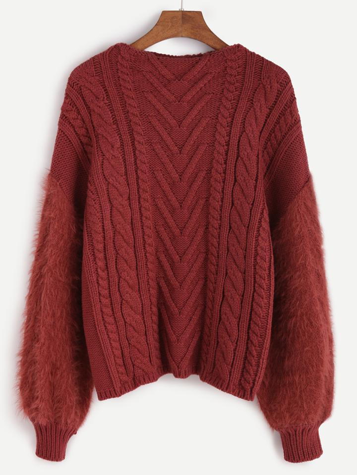 Shein Rust Drop Shoulder Fuzzy Sleeve Cable Knit Sweater