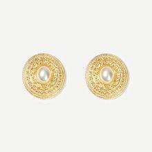 Shein Faux Pearl Engraved Round Stud Earrings