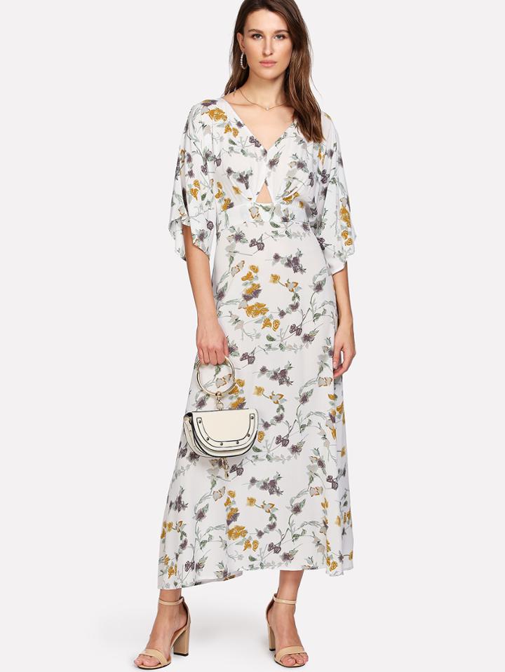 Shein Cutout Waist V Back Floral Kimono Dress