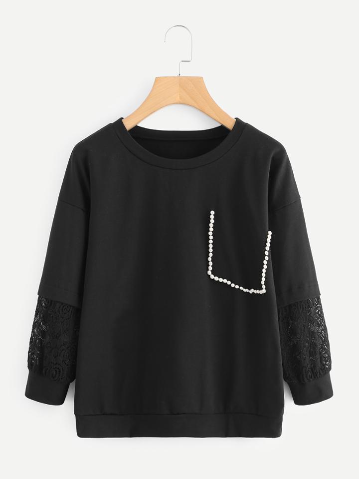 Shein Lace Crochet Contrast Sleeve Faux Pearl Detail Sweatshirt