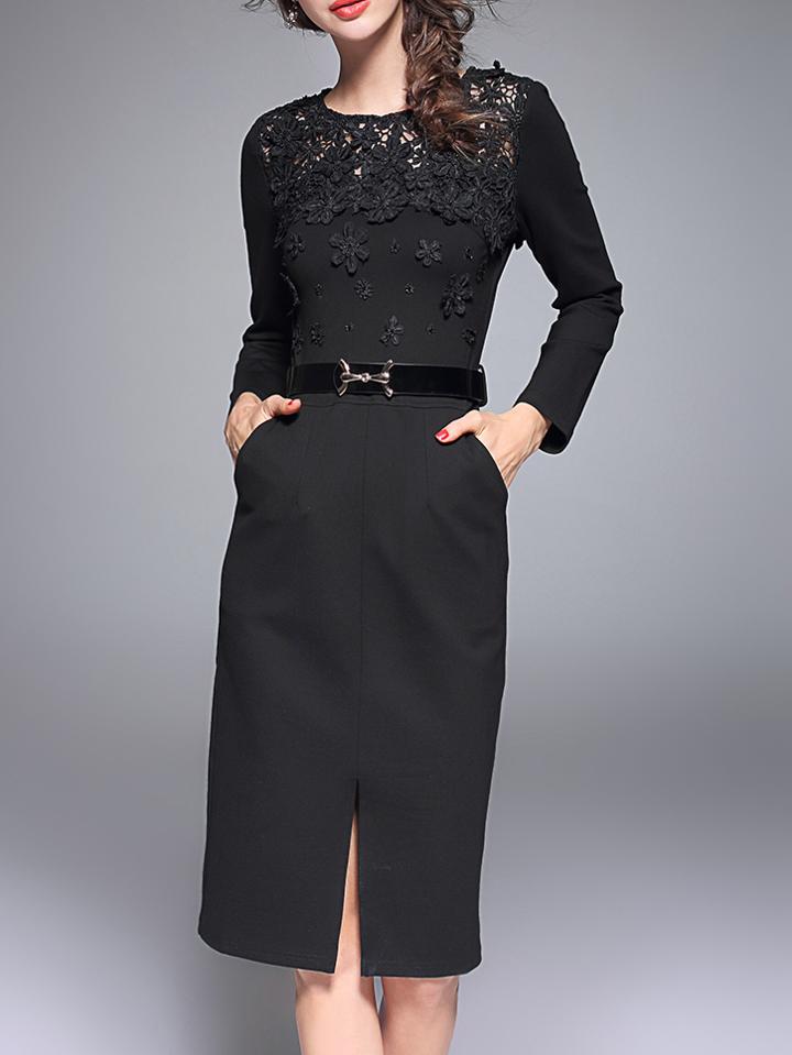 Shein Black Flowers Applique Belted Split Dress