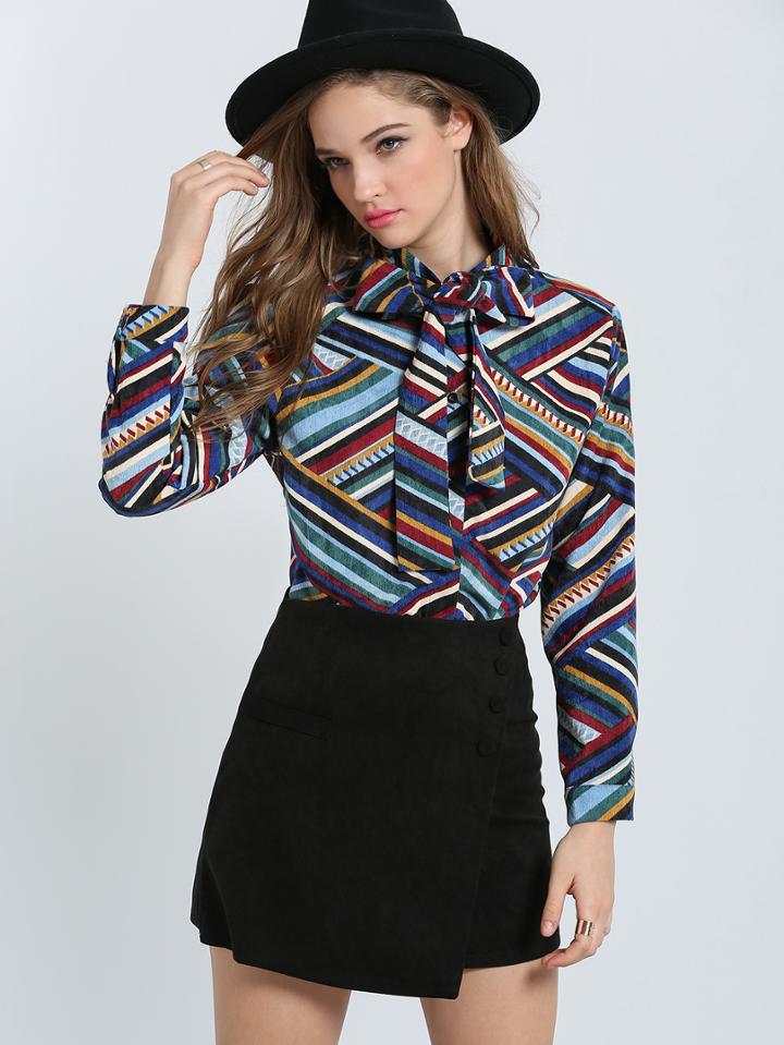 Shein Multicolor Bow Collar Geometric Print Blouse