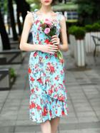 Shein Blue Strap Backless Rose Print Ruffle Sheath Dress