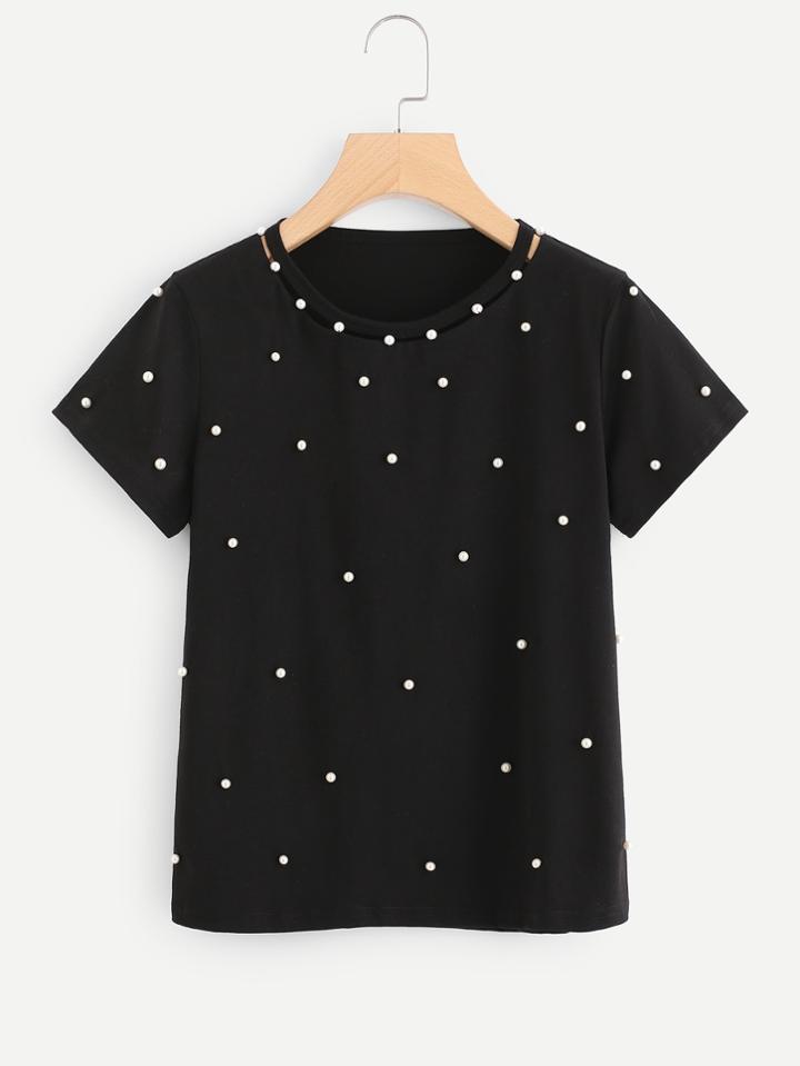 Shein Pearl Beaded Solid Tee