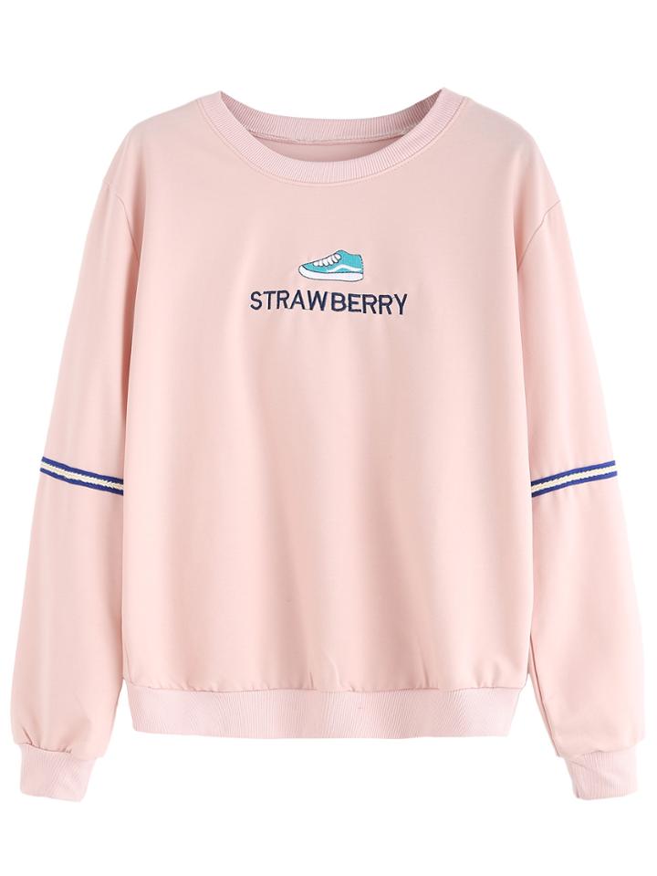 Shein Pink Embroidered Sweatshirt With Sleeve Tape Detail