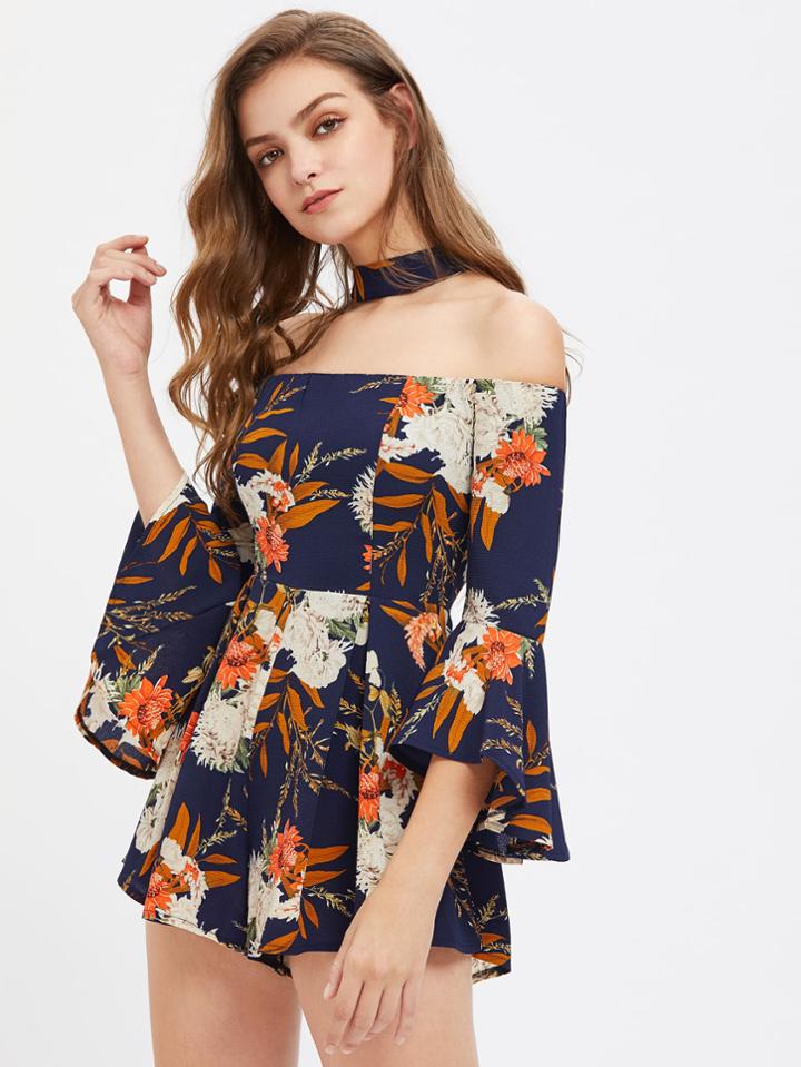 Shein Floral Print Bell Sleeve Choker Zipper Back Romper