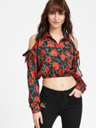 Shein Rose Print Cold Shoulder Split Sleeve Crop Blouse