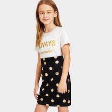 Shein Girls Letter Print Tee & Polka-dot Skirt Set