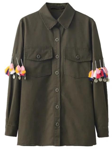 Shein Army Green Fringe Embellished Pocket Blouse