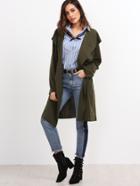 Shein Olive Green Open Front Hooded Coat With Pocket