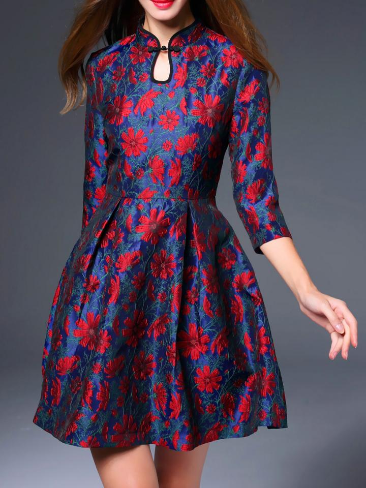 Shein Navy Hollow Flowers Jacquard A-line Dress