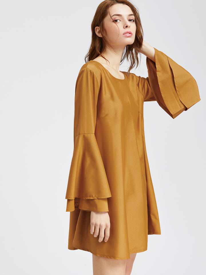 Shein Khaki Tiered Bell Sleeve Lattice Back Shift Dress