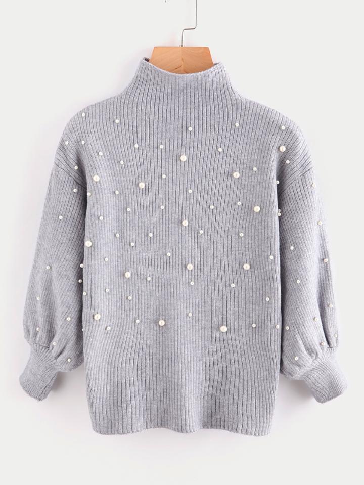 Shein Pearl Beading Mock Neck Balloon Sleeve Jumper