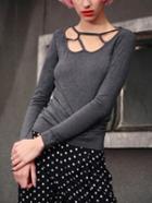 Shein Grey Hollow Collar Long Sleeve Slim T-shirt