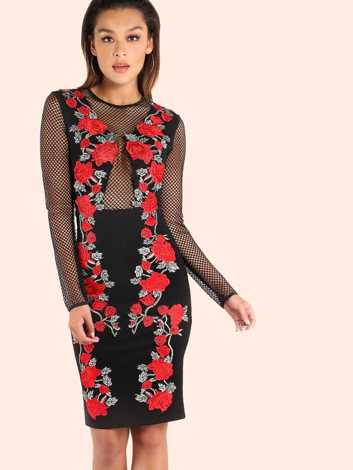 Shein Netted Sleeve Emroidered Floral Bodycon Dress
