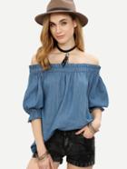 Shein Blue Shirred Off The Shoulder Denim Blouse