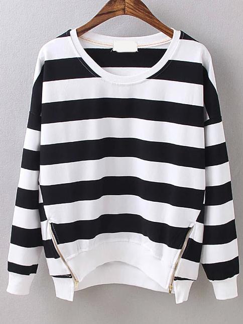 Shein Dropped Shoulder Seam Striped Zipper Black Sweatshirt