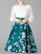 Shein White Green Embroidered Print A-line Dress