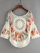 Shein Crochet Insert Hollow Out Print Blouse