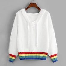 Shein Lace Up Striped Trim Fuzzy Hoodie Jumper