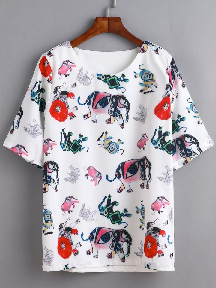 Shein White Elephant Print Chiffon Blouse