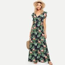 Shein Ruffle Embellished Shirred Waist Tropical Dress