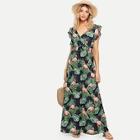 Shein Ruffle Embellished Shirred Waist Tropical Dress