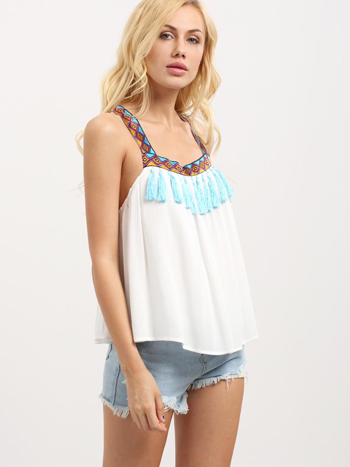 Shein White Fringe Decorated Sleeveless Blouse