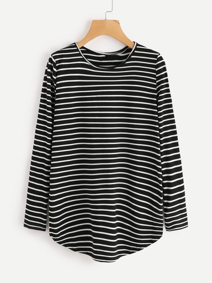 Shein Split Side Curved Hem Striped Tee