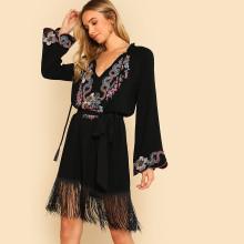 Shein Embroidered Yoke Fringe Hem Tunic Dress Without Belt