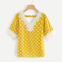 Shein Lace Trim Polka Dot Blouse