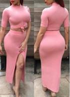 Rosewe Half Sleeve Pink Top And Front Slit Skirt Set