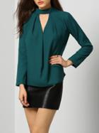 Shein Dark Green Mock Neck Cut Out Front Blouse